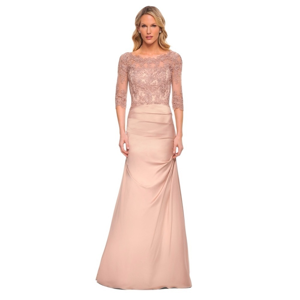 La Femme Lace Appliqué Satin Formal Gown Champagne‎ Blush 18